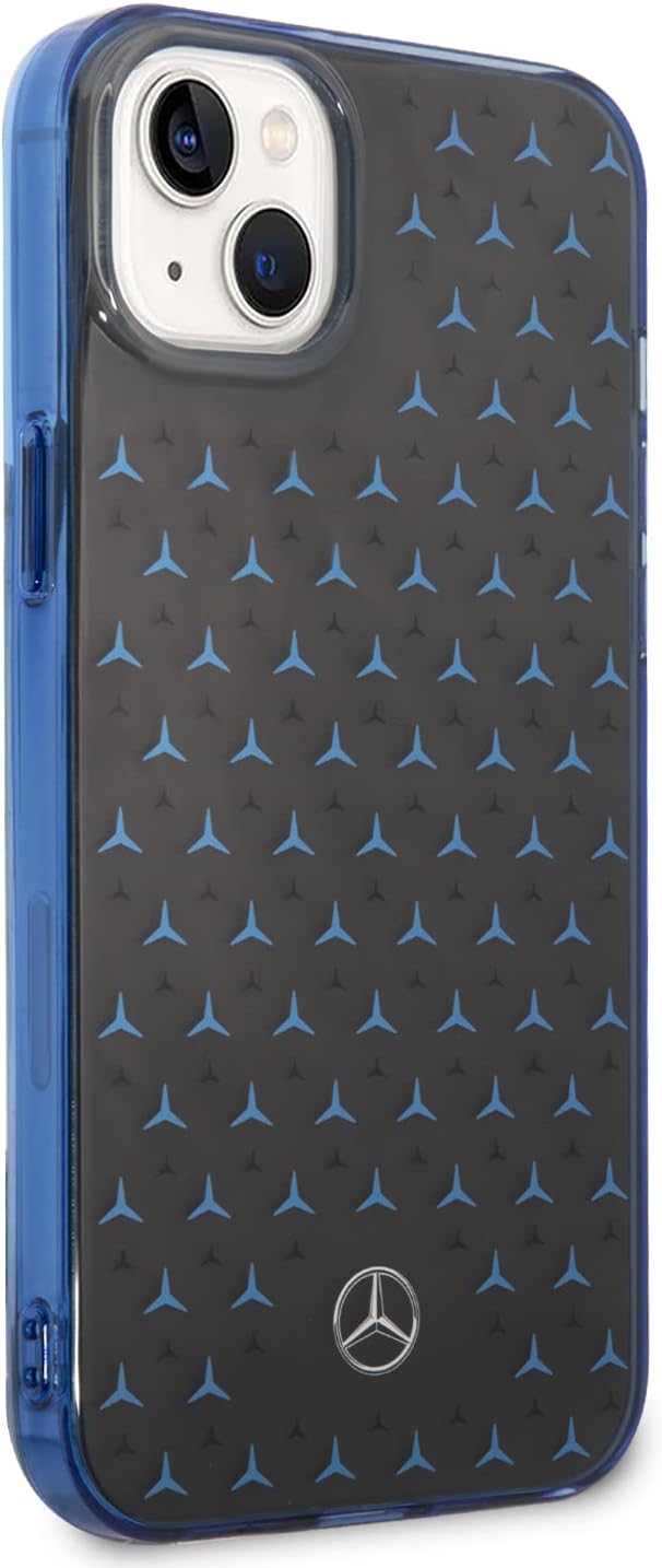 CG MOBILE Mercedes-Benz Schutzhülle für iPhone 14 Plus in Schwarz/Blau Big Star Muster, Anti-Scratch