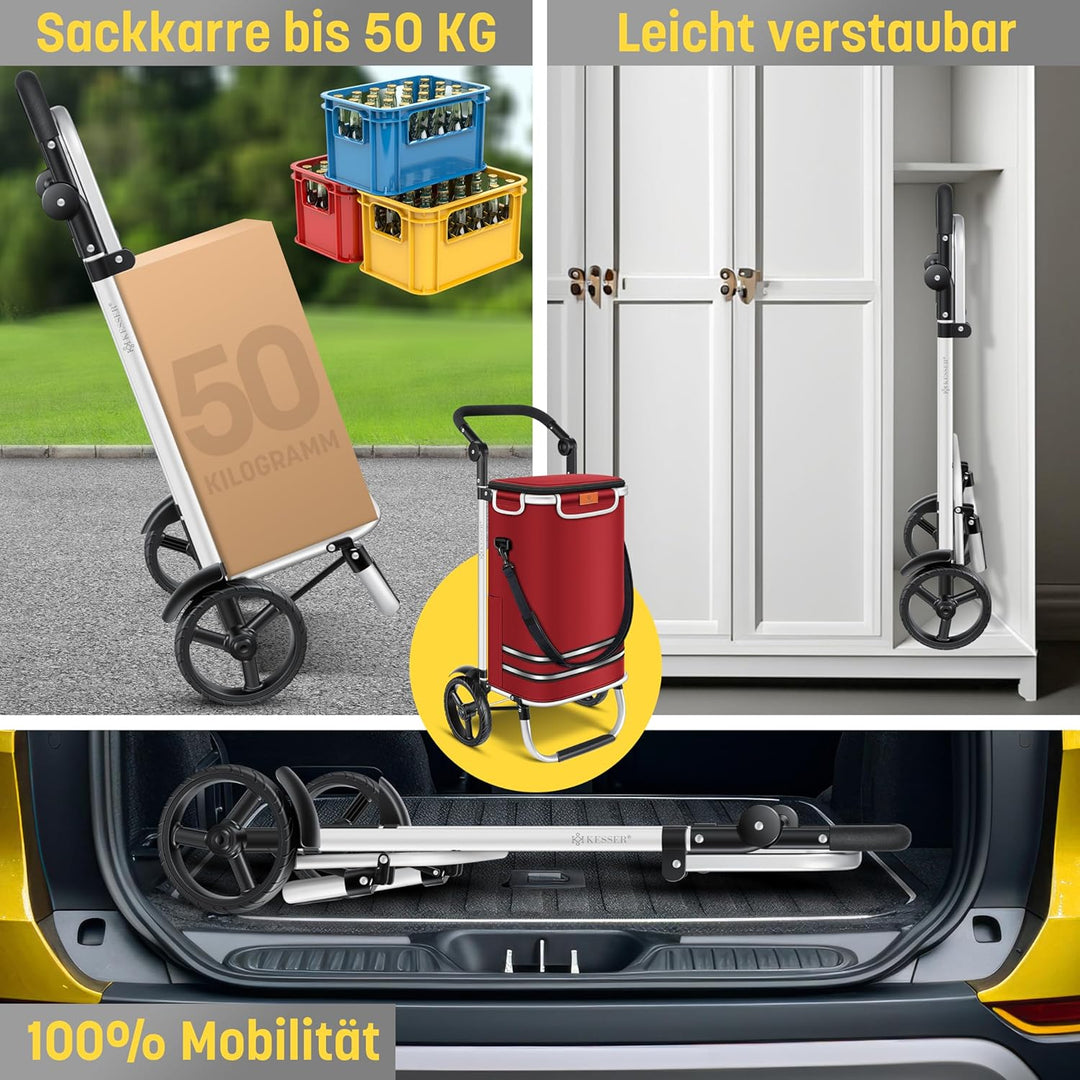 KESSER® Einkaufstrolley klappbar mit 56L Kapazität und belastbar bis 50kg | 3in1 Trolley Sackkarre &