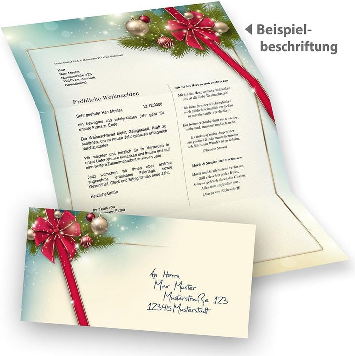 Briefpapier Weihnachten Set ROTE SCHLEIFE (25 Sets ohne Fenster) Weihnachtsbriefpapier mit Umschlag,