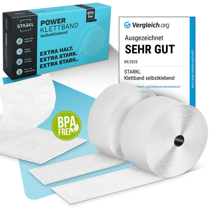STARKL® Premium Klettband selbstklebend Extra Stark u. Extra Breit (Weiss) I 5m x 50mm Klettverschlu