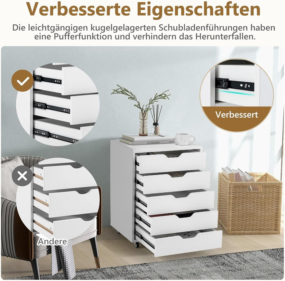 FANTASK Schubladenschrank mit Rädern, Rollcontainer, mobiler Schrank mit 5 Schubladen für Zuhause, W