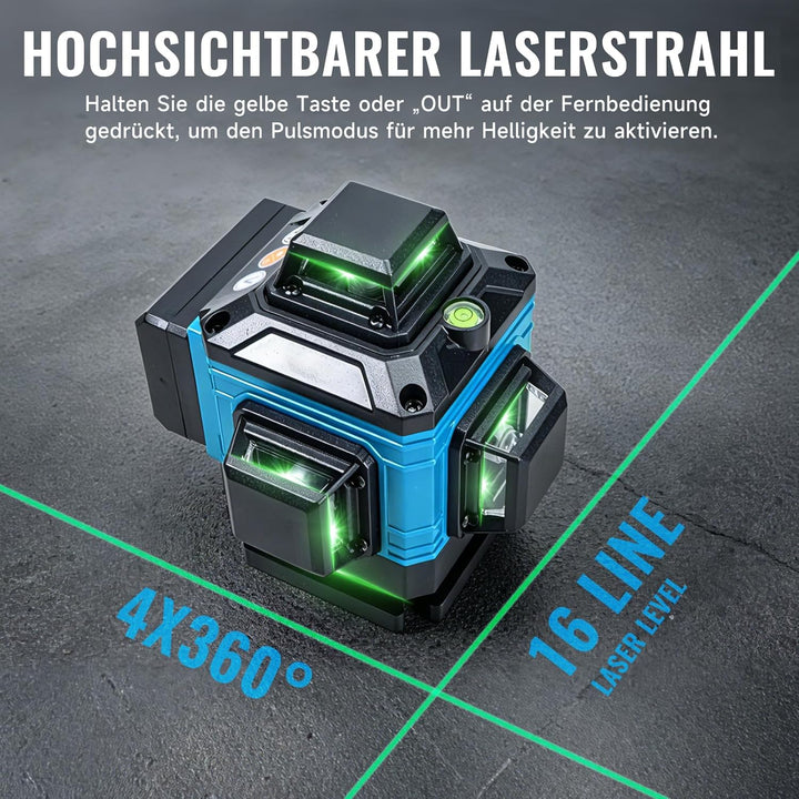 Kreuzlinienlaser 4×360° Selbstnivellierender Laser-Wasserwaage mit 16 Linien – Grüner Kreuzlinienlas