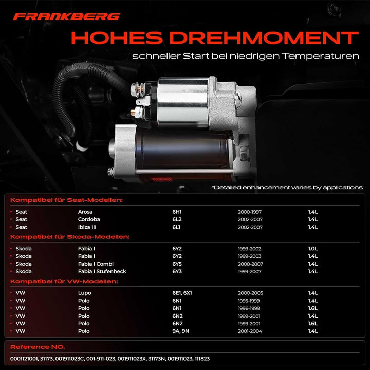 Frankberg Anlasser Starter 1,1KW Kompatibel mit Arosa 6H 1.4L 1997-2004 Cordoba 6L2 1.4L 2002-2004 I