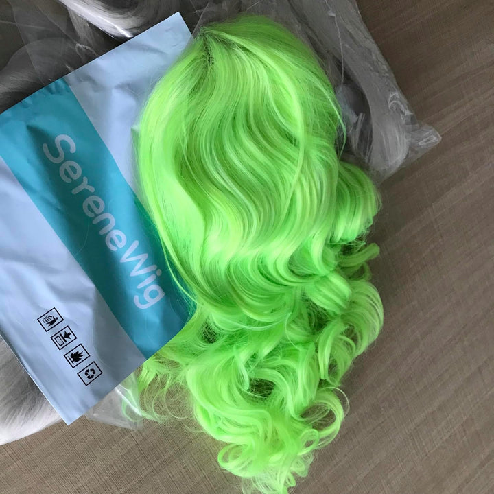 13x2.5" Fluoreszierendes Grün natürlich lange gewellte Perücken synthetische Lace-Front-Perücken für