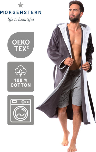 Morgenstern Bademantel Herren Kapuze 100% Baumwolle Frottee OEKO-TEX Velours Morgenmantel Lang Finn,