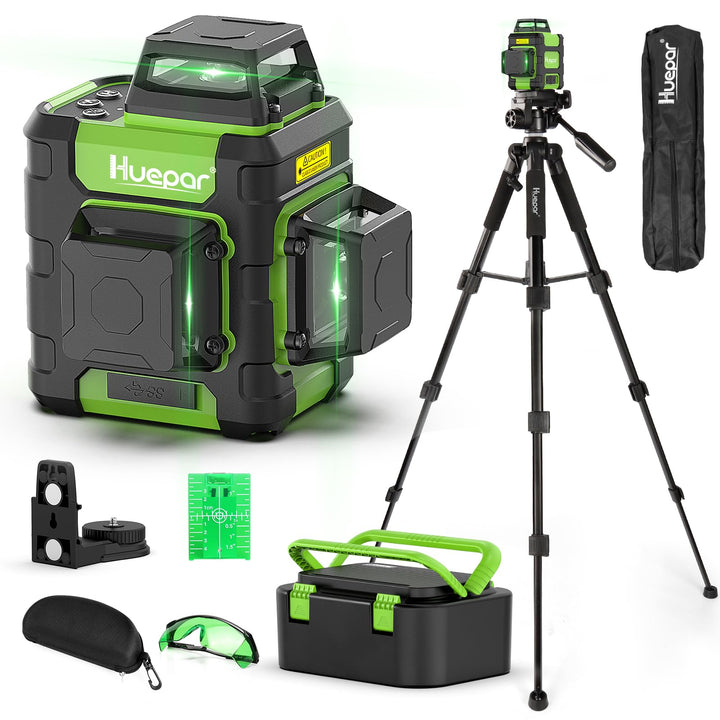 Huepar 3x360° Kreuzlinienlaser mit 127cm Stativ, Laser Wasserwaage Nivelliergerät Selbstnivellierend