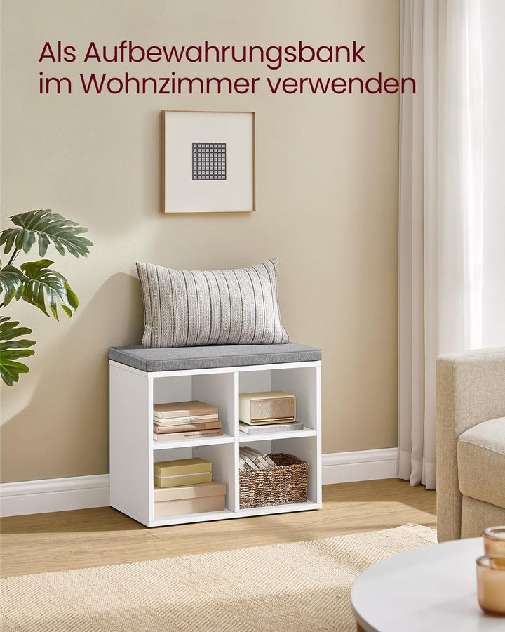 VASAGLE Schuhbank, Schuhregal mit Sitzfläche, Sitzbank mit Stauraum, Kissen, 4 Fächer, verstellbare