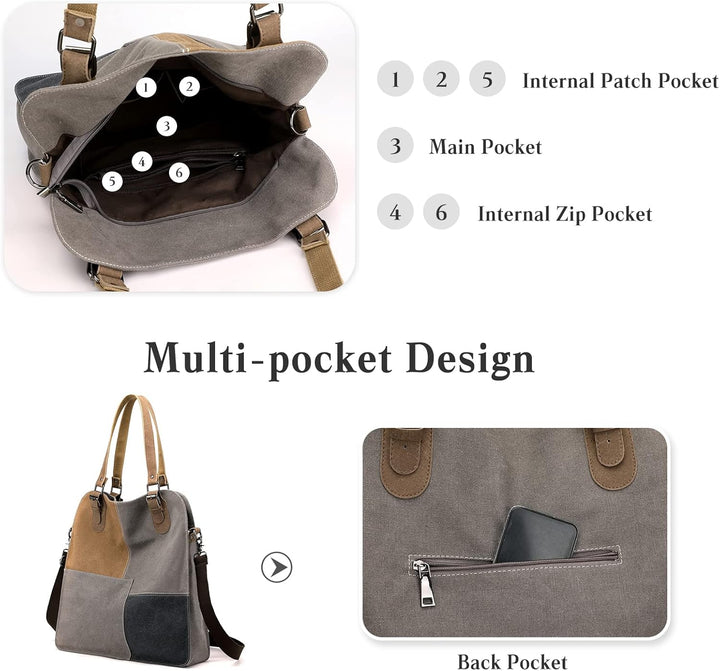 PORRASSO Retro Umhängetasche Canvas Schultertasche Damen Handtasche Gross Hobo Tasche Crossbody Bag