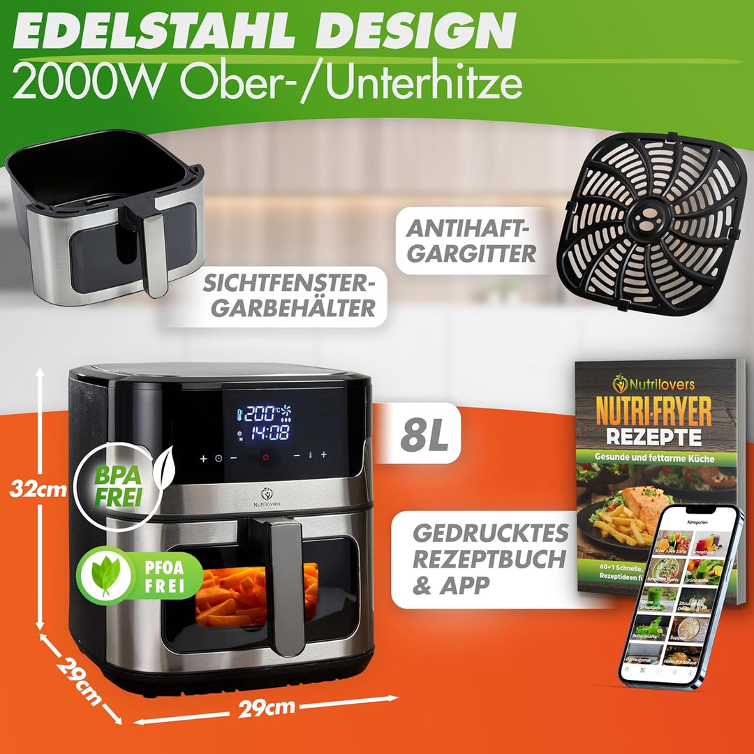 Nutrilovers Heissluftfritteuse NUTRI-FRYER EDELSTAHL XXL 8L, 2000W, Airfryer Edelstahl mit LED Touch