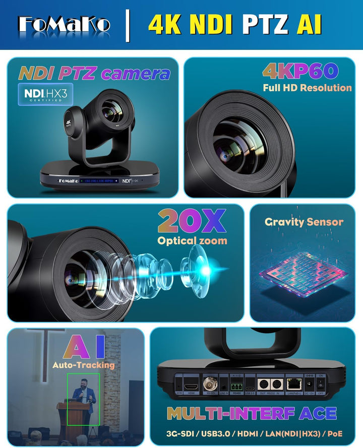FoMaKo 4K@60fps NDI PTZ Kamera 20x Optischer Zoom, AI Tracking, mit 3G-SDI/USB 3.0/HDMI/IP/PoE, Prof