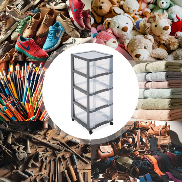 SUNDIS Tag Tower XL, schubladenbox aus Kunststoff mit Rädern, grau, 4 transparente Schubladen, Höhe