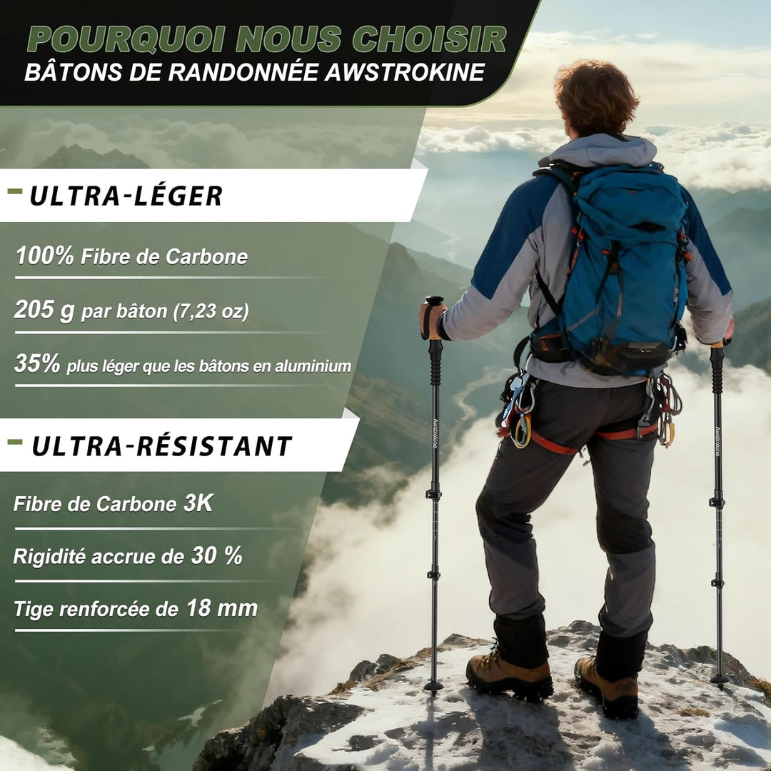 3K Carbonfaser Teleskop-Wanderstöcke, Trekkingstöcke mit Korkgriffen und Schnellverschluss, inkl. Al