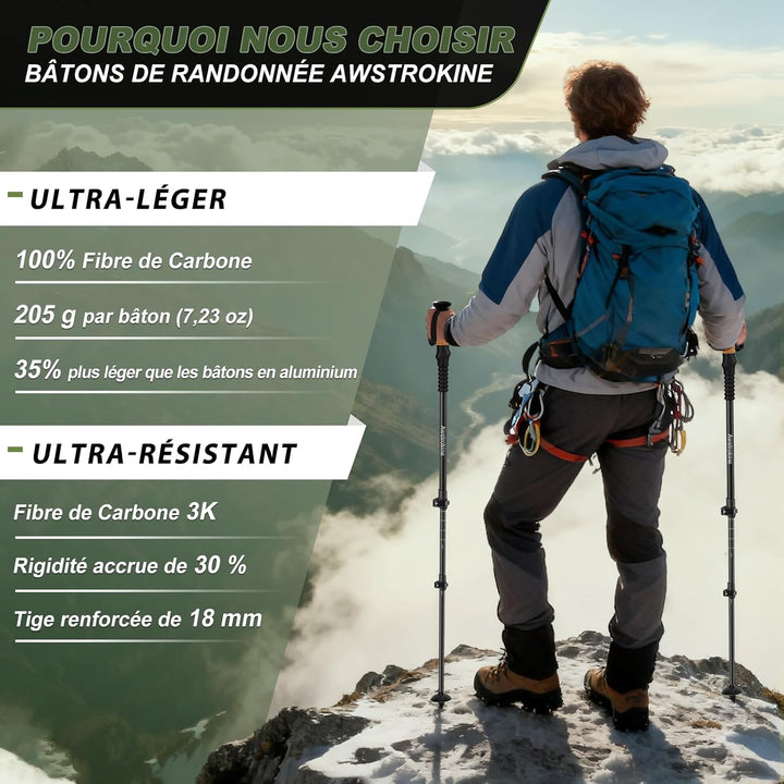 3K Carbonfaser Teleskop-Wanderstöcke, Trekkingstöcke mit Korkgriffen und Schnellverschluss, inkl. Al