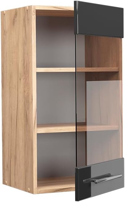 Vicco Küchenschrank Glas Fame-Line, Anthrazit Hochglanz/Goldkraft Eiche, 40 cm Hängeglasschrank 40 c