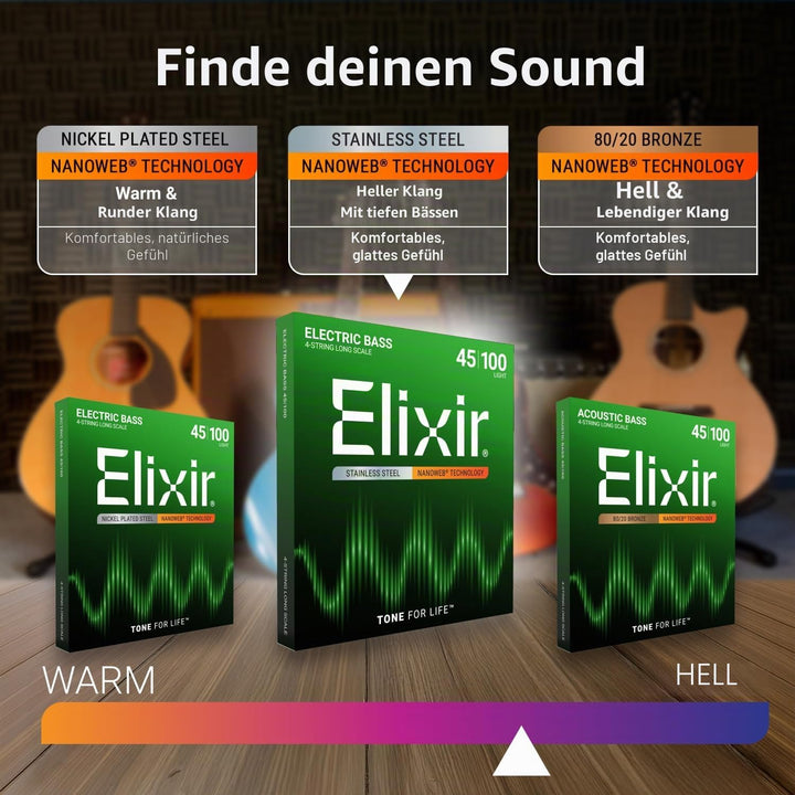 Elixir® Saiten Stainless-Steel 5-str. E-Basssaiten mit NANOWEB® Beschichtung, Long Scale, Light/Medi
