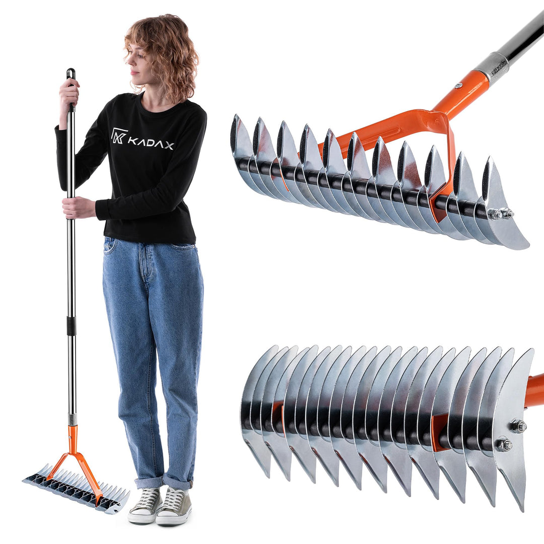 KADAX Handvertikutierer 35 x 137 cm, manueller Rasenlüfter mit langem Aluminiumstiel, Vertikutierrec