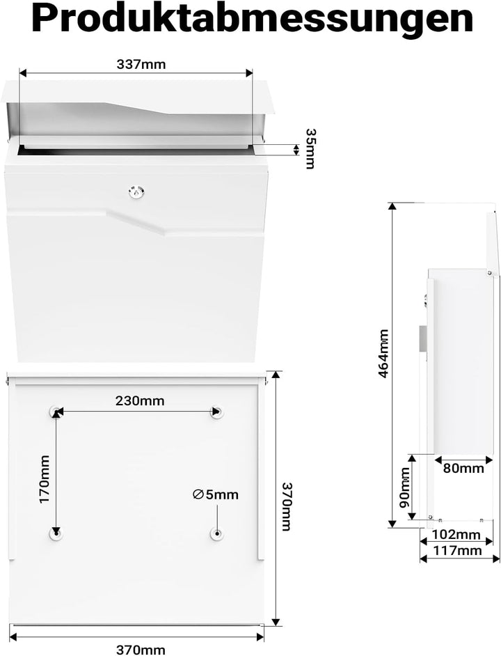 Wiltec Designer Briefkasten V19 weiss 370 x 102 x 370 mm, Wandbriefkasten mit Schloss und Zeitungsro