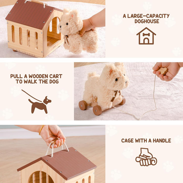ROBUD Hund Spielzeug Kinder, 2-in-1 Nachziehtiere Spielzeug & Tierpflege Rollenspielset mit Holz Hun