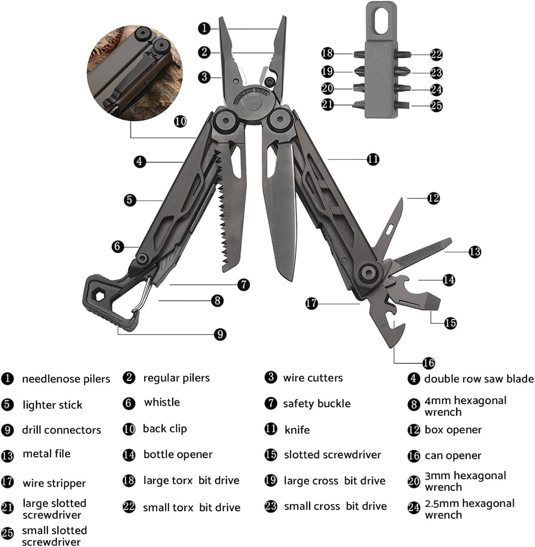 Edelstahl Multitool Zange mit 25 Werkzeugen Gürteltasche Einschliesslich Messern, Zangen, Säge, Öffn
