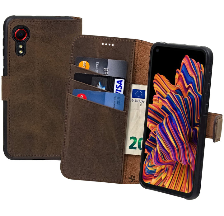 Suncase Book-Style Hülle kompatibel mit Samsung Galaxy Xcover 5 Leder Tasche (Slim-Fit) Lederhülle H