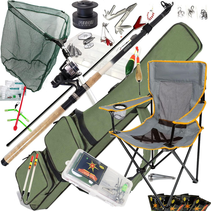 Vario Karpfen Combo Angelset | 3m XXL Komplettset mit Tasche + Anglerstuhl + Köderboxen + Zubehör fü