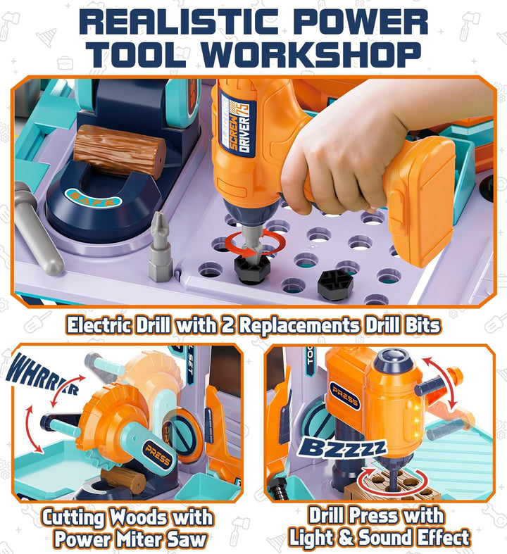 Lehoo Castle Werkbank Kinder 83cm Grossformat, Transformierbarer LKW mit Elektrischem Werkzeug Bohrh