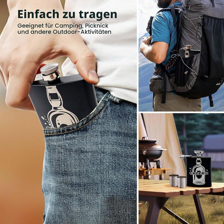 Daily Treasures Whisky-Geschenkset in Holzbox mit 236ml Edelstahlflasche, 2 Gläsern + Trichter | CHE