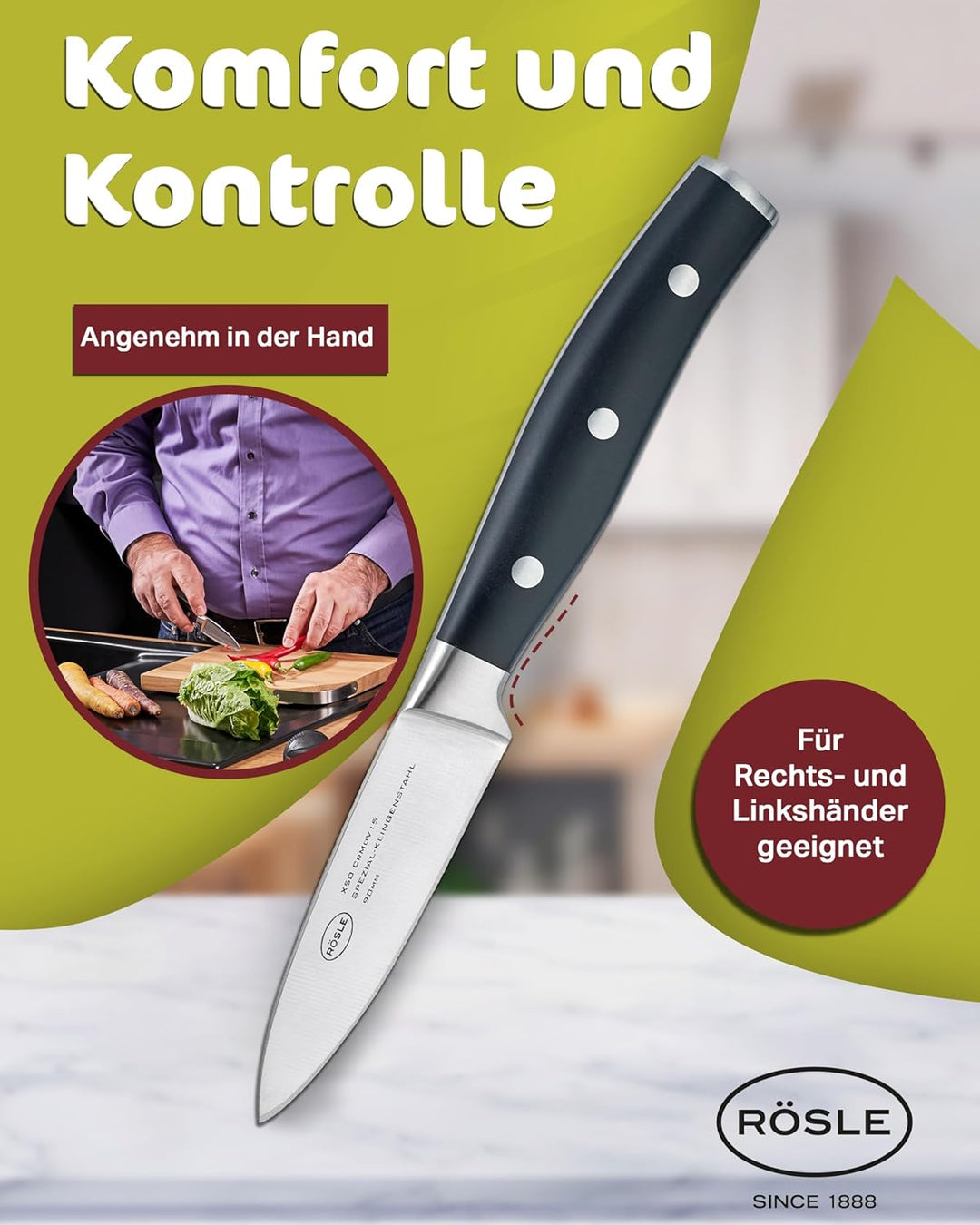 RÖSLE Spickmesser Tradition 9 cm - Hochwertiges und scharfes Küchenmesser zum Schneiden, Spicken und