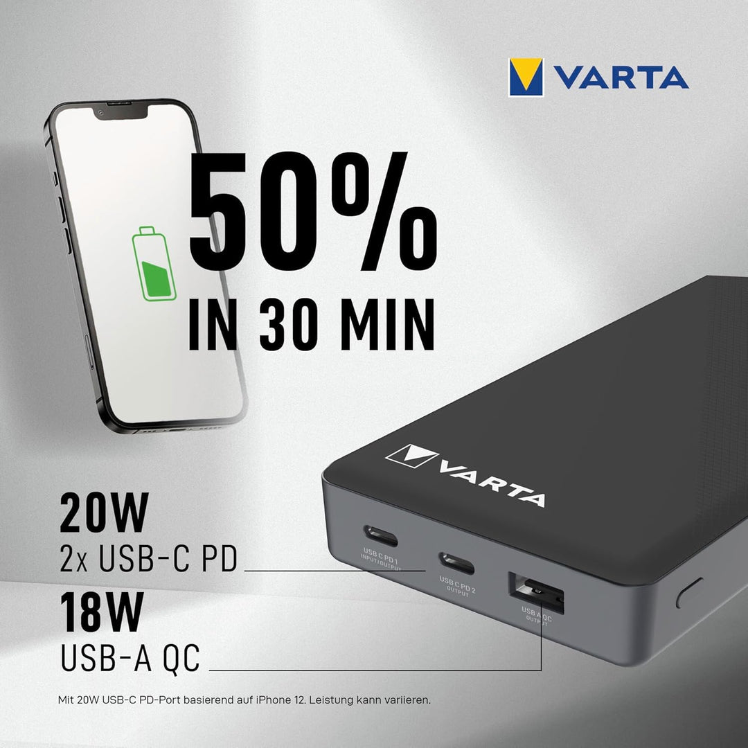 VARTA Power Bank 20000mAh, Powerbank Power on Demand mit 4 Anschlüssen (1x Micro USB, 2x USB A, 1x U