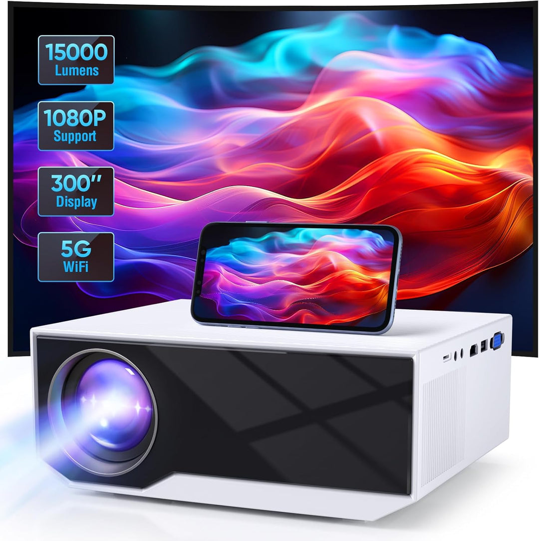 Beamer Full HD 1080P, WiFi&Bluetooth Tragbarer 15000 Lumens Mini Beamer Heimkino Projektor, 300" Max