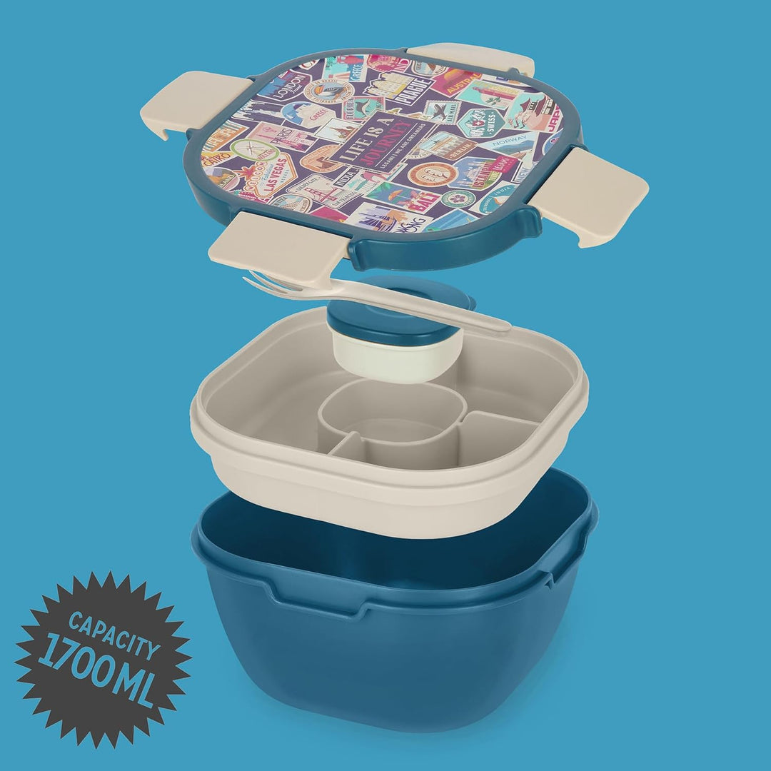Legami – Lunchbox Travel Stickers, 1 Gabel, 1 Tablett mit Fächern, 1 herausnehmbarer Gewürzbehälter