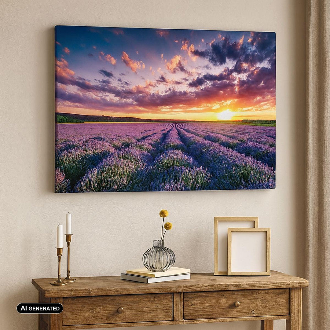 Bilder auf Leinwand 100x70cm Leinwandbild mit Rahmen Lavendel Berge Feld Gross Wanddeko Bild Schlafz