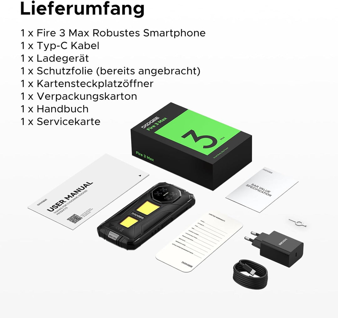 DOOGEE Fire 3 Max Android 15 Outdoor Handy Ohne Vertrag 256GB+32GB 8350mAh 1200LM Campingleuchten Ou