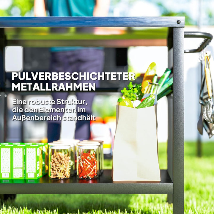 Outsunny Grillwagen 2-Etagen Servierwagen mit Arbeitsfläche Ablagen Haken Räder, BBQ Grilltisch aus