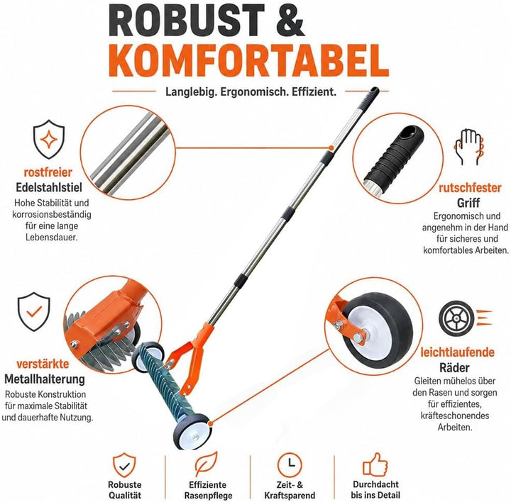 Handvertikutierer mit Rollen 165cm, Vertikutierer Hand, Verstellbarer Vertikutierrechen, Rasenlüfter