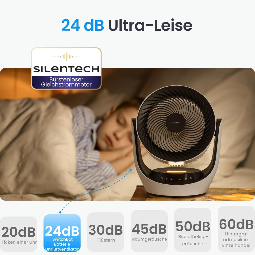 SwitchBot USB Tischventilator, leistungsstarker 24 dB leiser Batterie-Umluftventilator, Kompatibel m