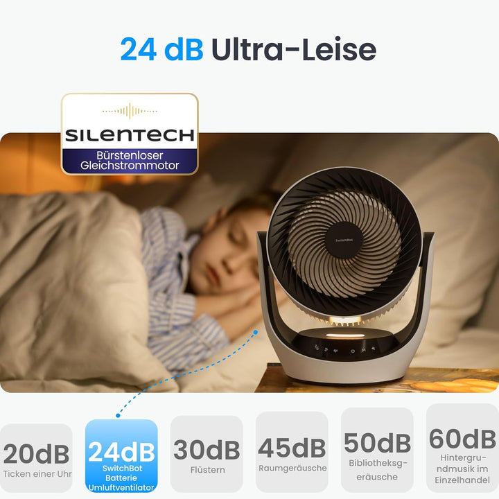 SwitchBot USB Tischventilator, leistungsstarker 24 dB leiser Batterie-Umluftventilator, Kompatibel m