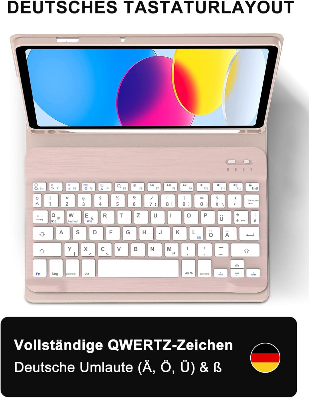 JADEMALL Für iPad 11/10 Generation Hülle mit Tastatur, Deutsch Bluetooth 5.0 Keyboard Case für iPad
