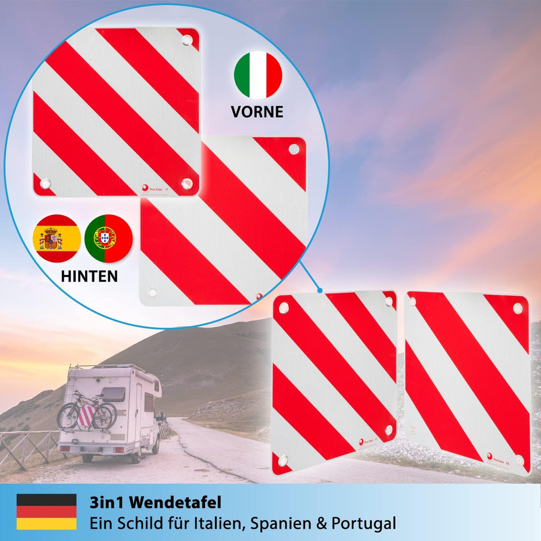 valonic Premium Warntafel - 3in1 für Italien, Spanien und Portugal - 50x50cm, reflektierend, für Woh