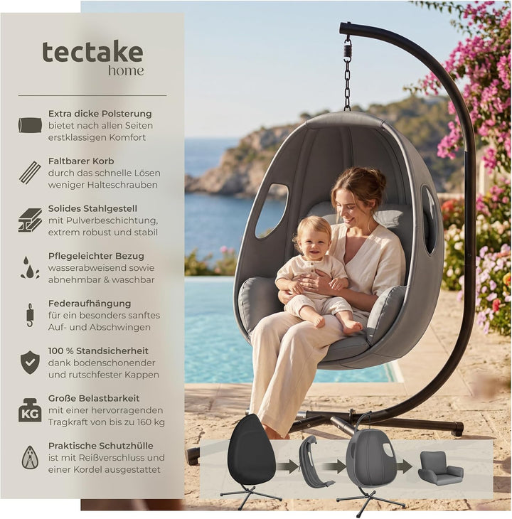 tectake® Hängesessel mit Gestell, Indoor oder Outdoor, Schaukel Sessel mit Kissen + Rückenkissen, Sc