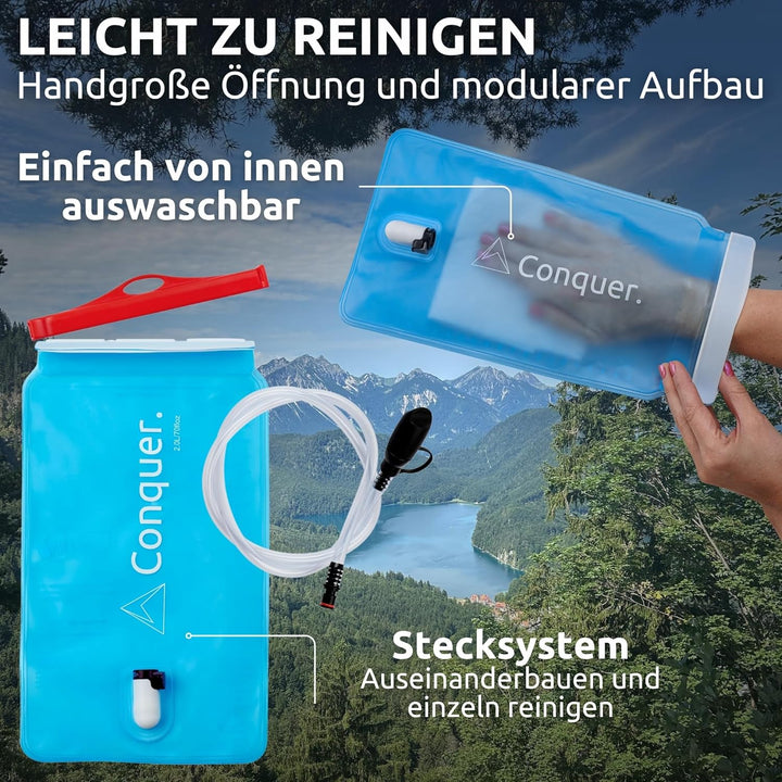 Conquer. Trinkblase mit abnehmbarem Trinkschlauch & Biss-Ventil | BPA-freie Wasserblase als Trinksys