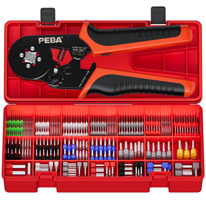PEBA Vierkant Crimpzange Set 0,08–10 mm² – selbstjustierende Ratschen-Crimpzange mit 28 Grössen Ader