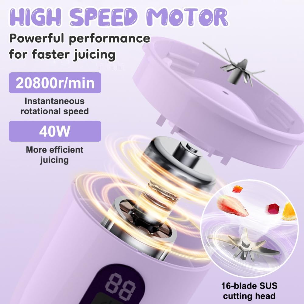 Tragbarer Mixer Smoothie Maker, 500 ml Mixer Smoothie Maker to Go mit Digitalanzeige, 16-Blatt MIXER