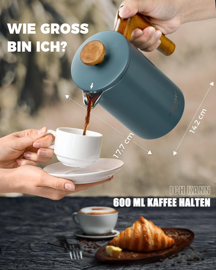 Poliviar French Press Kaffeebereiter 600 ml/21oz, Doppelwandige Isolierte Kaffeekanne und Teebereite