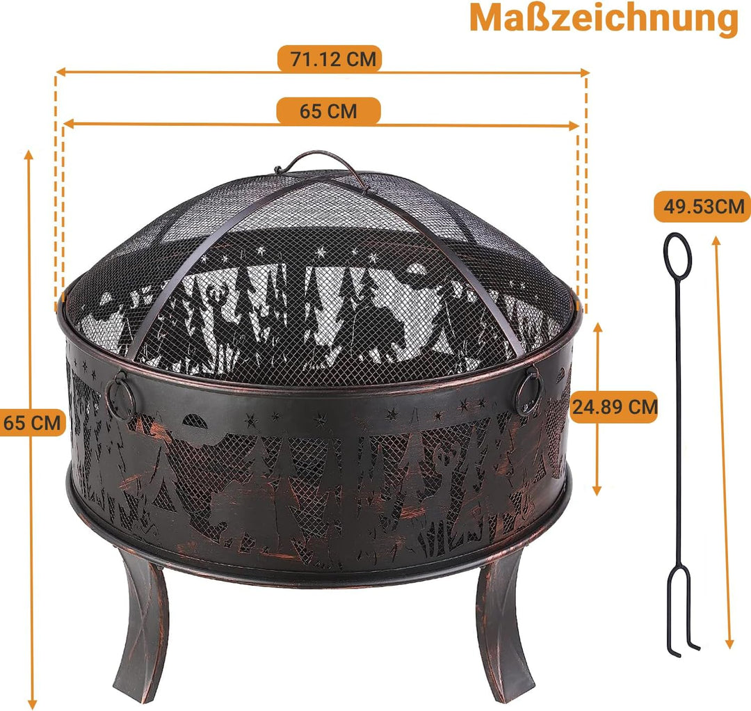 Feuerschalen, Feuerschale mit Funkenschutz, Feuerschale Garten Ø71x65cm, inkl. Poker & Kohlerost, Fe