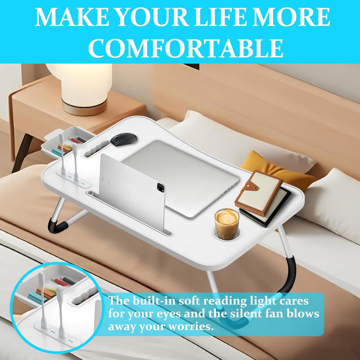 Soontrans Laptoptisch, 60 x 40 x 28 cm, Laptop Tisch mit Schublade, Getränkehalter, Kleiner Ventilat