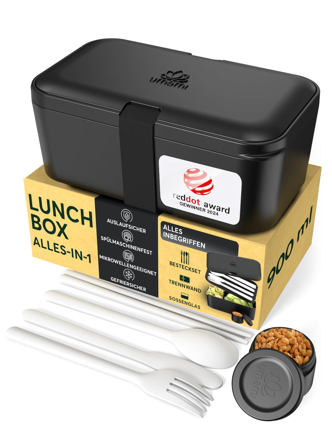 Umami Lunchbox Erwachsene, Verschachtelbar Auslaufsichere Bento Box mit 4 Bestecke & Fächern, Brotdo