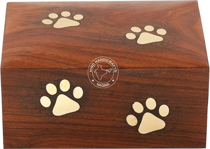 Hind Handicrafts Urne für Hunde und Katzen, mit eingelegtem Rosenholz, mit Messingpfoten, Erinnerung