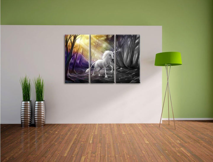 Pixxprint Einhorn im Märchenwald als Leinwandbild/Grösse: 3 Teilig (120x80 cm) cm/Wandbild/Kunstdruc