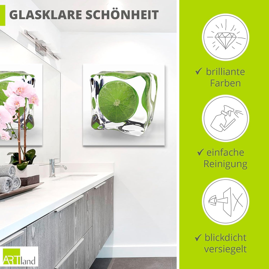 ARTland Glasbilder Wandbild Glas Bild einteilig 40x40 cm Quadratisch Obst Früchte im Eiswürfel Cockt